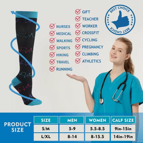 Hawkwell 2 Pairs Compression Socks for Women Circulation 15-25 mmHg Support for Nurse Sports Running Cycling