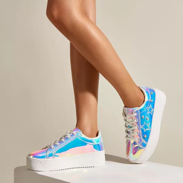 BELOS Fashion Platform Women Sneakers Faux Suede Stars Holographic Rainbow Walking Shoes