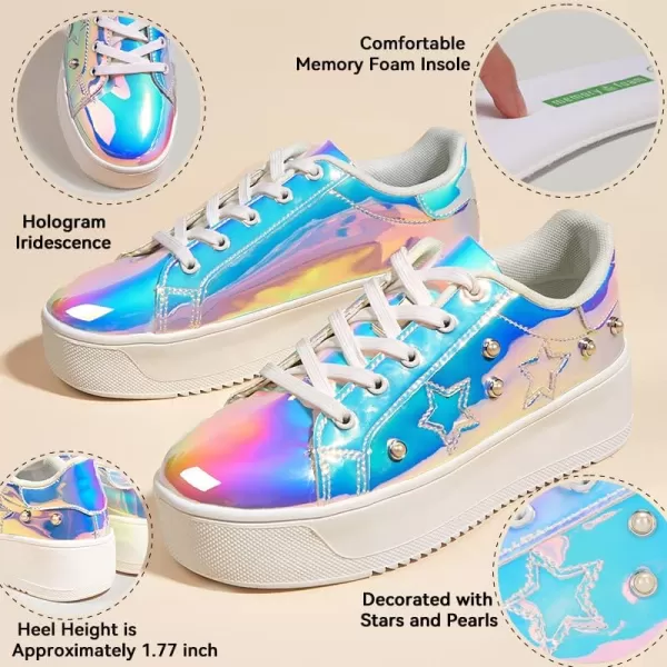 BELOS Fashion Platform Women Sneakers Faux Suede Stars Holographic Rainbow Walking Shoes