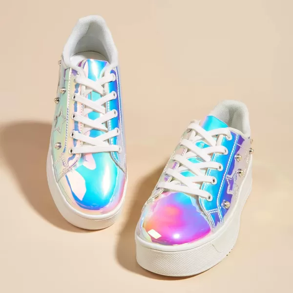BELOS Fashion Platform Women Sneakers Faux Suede Stars Holographic Rainbow Walking Shoes