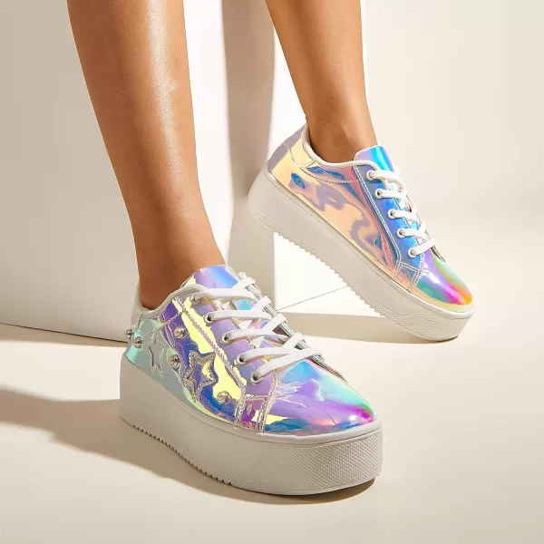 BELOS Fashion Platform Women Sneakers Faux Suede Stars Holographic Rainbow Walking Shoes