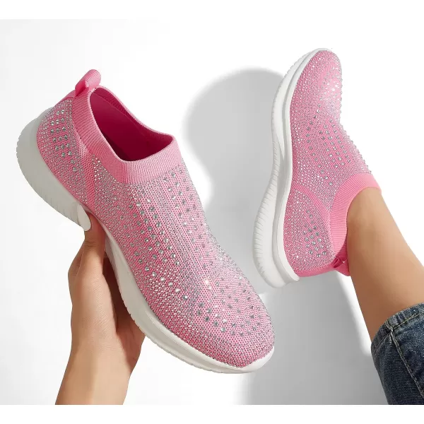 BELOS Women's Rhinestone Mesh Slip On Walking Shoes Fashion Breathable Spakle Glitter Sneaker