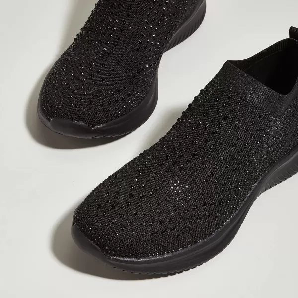 BELOS Women's Rhinestone Mesh Slip On Walking Shoes Fashion Breathable Spakle Glitter Sneaker