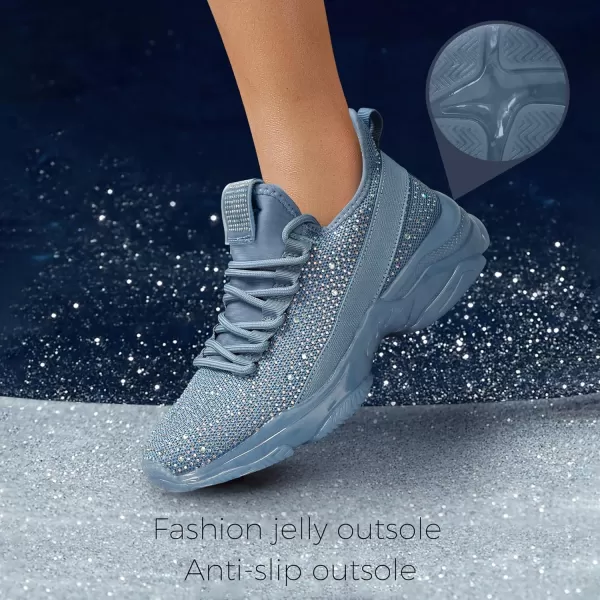 BELOS Women's Rhinestone Mesh Slip On Walking Shoes Fashion Breathable Spakle Glitter Sneaker