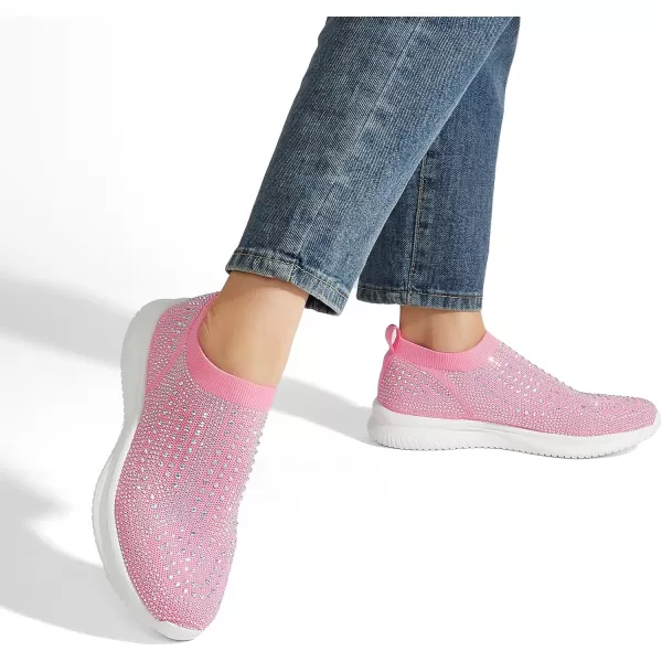 BELOS Women's Rhinestone Mesh Slip On Walking Shoes Fashion Breathable Spakle Glitter Sneaker