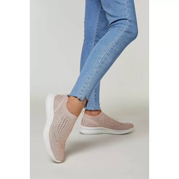 BELOS Women's Rhinestone Mesh Slip On Walking Shoes Fashion Breathable Spakle Glitter Sneaker