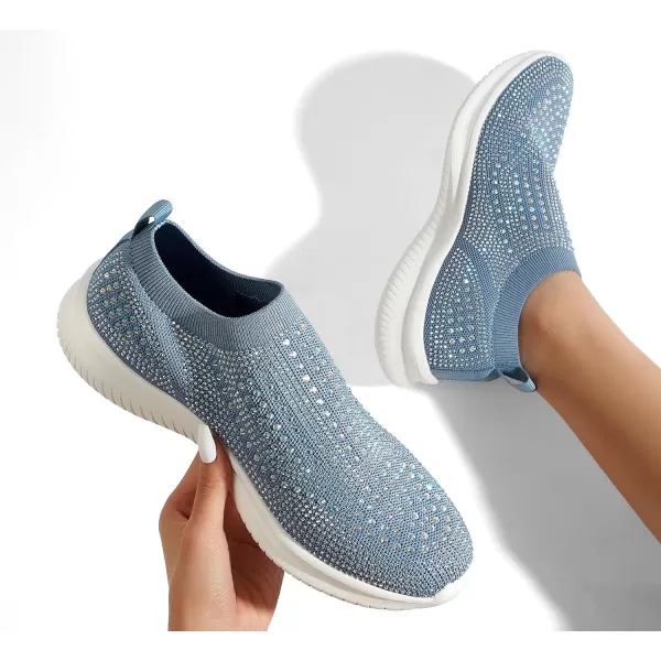 BELOS Women's Rhinestone Mesh Slip On Walking Shoes Fashion Breathable Spakle Glitter Sneaker