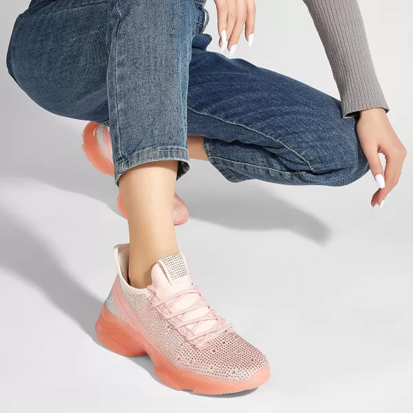 BELOS Women's Rhinestone Mesh Slip On Walking Shoes Fashion Breathable Spakle Glitter Sneaker