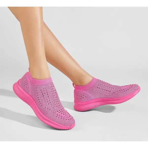 BELOS Women's Rhinestone Mesh Slip On Walking Shoes Fashion Breathable Spakle Glitter Sneaker