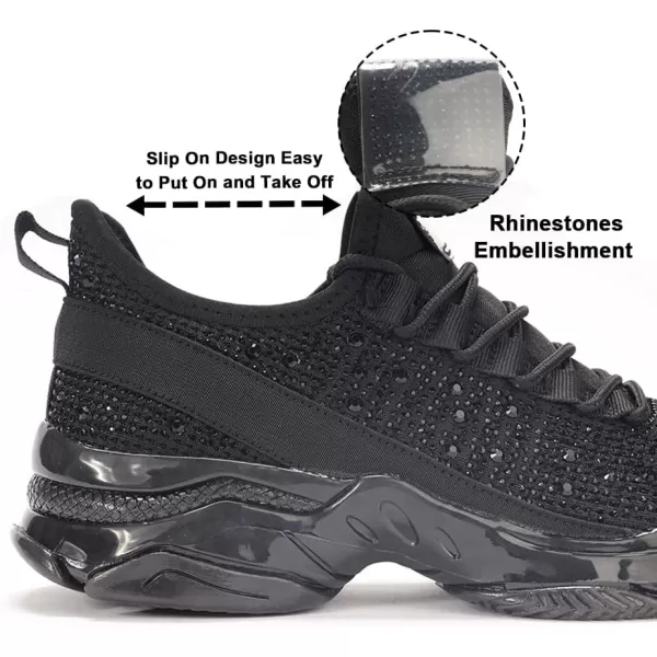 BELOS Women's Rhinestone Mesh Slip On Walking Shoes Fashion Breathable Spakle Glitter Sneaker