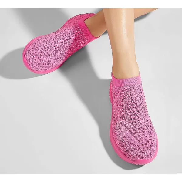 BELOS Women's Rhinestone Mesh Slip On Walking Shoes Fashion Breathable Spakle Glitter Sneaker