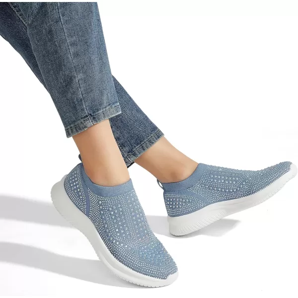 BELOS Women's Rhinestone Mesh Slip On Walking Shoes Fashion Breathable Spakle Glitter Sneaker