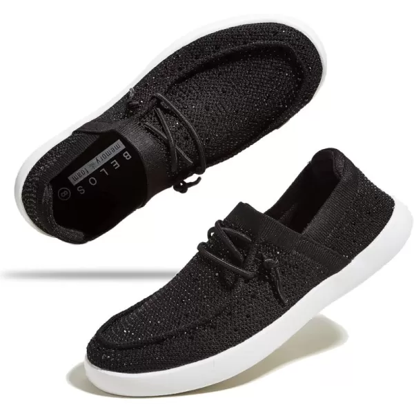 BELOS Women's Rhinestone Lace Up Loafers Shoes Comfortable Slip On Mesh Knit Walking Shoes Fashion Lightweight Sparkly Glitter Sneaker