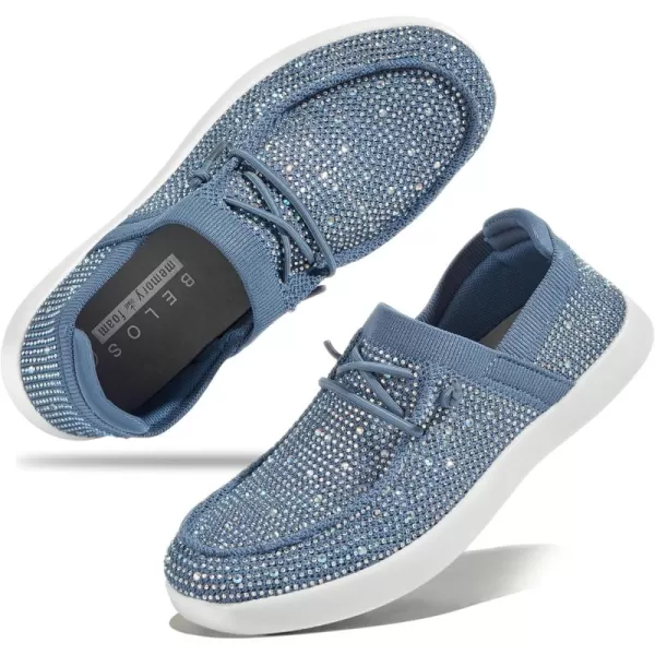 BELOS Women's Rhinestone Lace Up Loafers Shoes Comfortable Slip On Mesh Knit Walking Shoes Fashion Lightweight Sparkly Glitter Sneaker