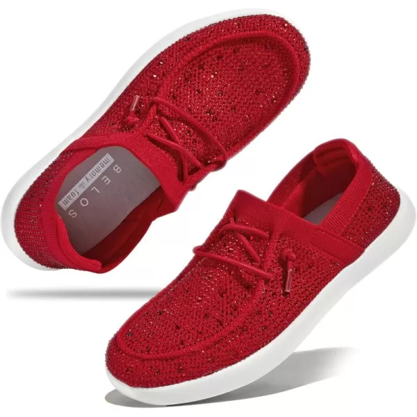 BELOS Women's Rhinestone Lace Up Loafers Shoes Comfortable Slip On Mesh Knit Walking Shoes Fashion Lightweight Sparkly Glitter Sneaker