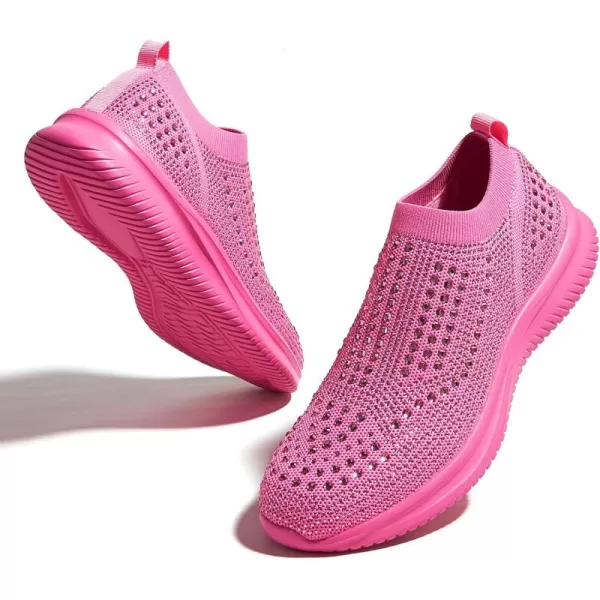 BELOS Women's Rhinestone Mesh Slip On Walking Shoes Fashion Breathable Spakle Glitter Sneaker