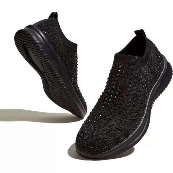 BELOS Women's Rhinestone Mesh Slip On Walking Shoes Fashion Breathable Spakle Glitter Sneaker