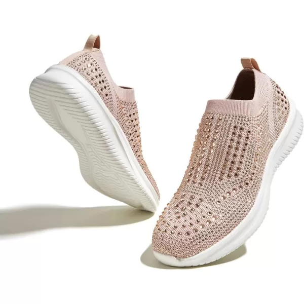 BELOS Women's Rhinestone Mesh Slip On Walking Shoes Fashion Breathable Spakle Glitter Sneaker