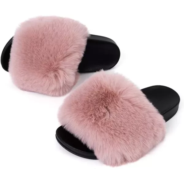 FUNKYMONKEY Women's Slides Faux Fur Cute Slip On Fuzzy Slippers Comfort Flat Sandals