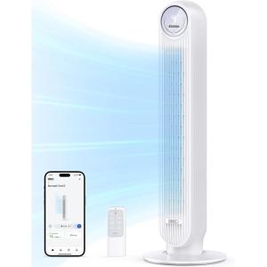 imageDreo Tower Fan for Bedroom 25fts Smart Standing Fans 90 Oscillating Floor Fan with 4 Modes 4 Speeds 8H Timer 28dB Bladeless Remote 28 dB Works with WiFi Voice ControlSnow White