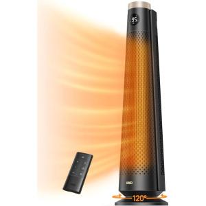imageDreo Space Heater Large Room 30quot Electric Heaters with Remote 120 Oscillation Adjustable Thermostat 5 Heat ampamp 3 Fan levels 8 Safety Protections 25dB Quiet 112H Timer Heater for Office BlackGold