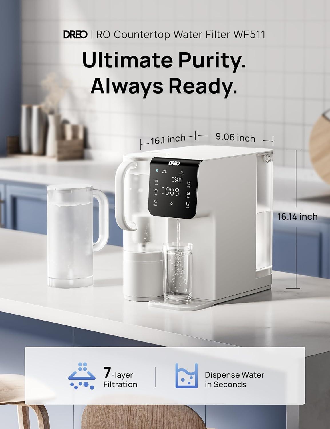 imageDreo Reverse Osmosis Water Filter 7Stage RO Water Filtration System 31 Pure to Drain Reduce TDS PFAS Water Purifier Countertop with Large LED Display Portable Water Pitcher for Home Kitchen