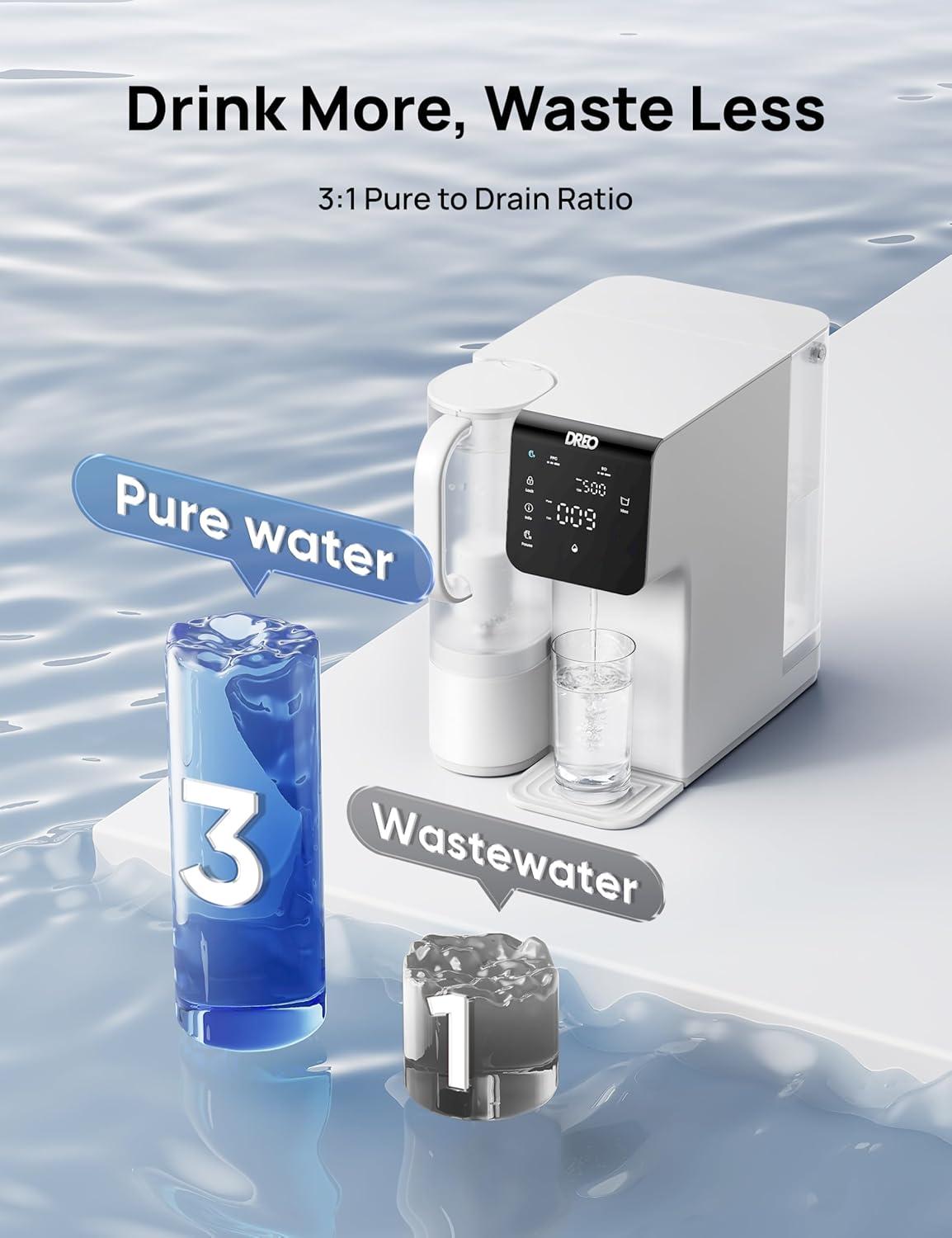 imageDreo Reverse Osmosis Water Filter 7Stage RO Water Filtration System 31 Pure to Drain Reduce TDS PFAS Water Purifier Countertop with Large LED Display Portable Water Pitcher for Home Kitchen