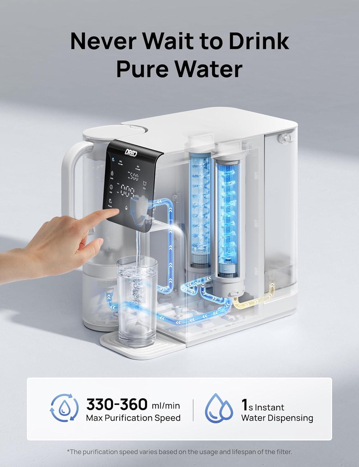 imageDreo Reverse Osmosis Water Filter 7Stage RO Water Filtration System 31 Pure to Drain Reduce TDS PFAS Water Purifier Countertop with Large LED Display Portable Water Pitcher for Home Kitchen