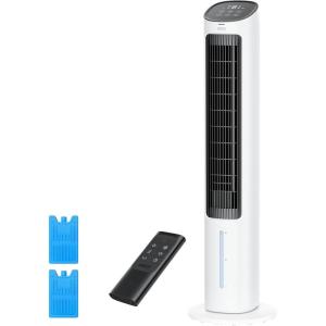 imageDreo Evaporative Air Swamp Cooler 40 Standing Fans that Blow Cold Air 80 Oscillating Bladeless Cooling Fan for Bedroom Removable Water Tank Ice Packs Remote Control 4 Speeds 7H Timer WhiteWhite and Black