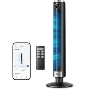 image:imageDREO Smart Tower Fan for Bedroom 4045 Adjustable Height 28 fts Velocity DC Motor 9 Speeds 4 Modes 90Oscillating Standing Fan 20dB Quiet 12H Timer for Home Office GoogleAlexa Black