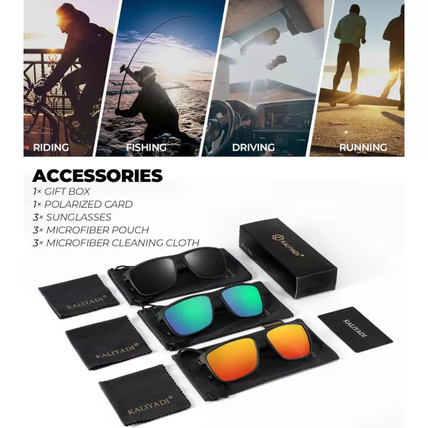 KALIYADI Polarized Sunglasses for Men Lightweight Sun Glasses with UV Protection for Driving Fishing Golf3 Pack BlackGreenRed
