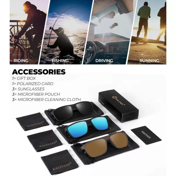 KALIYADI Polarized Sunglasses for Men Lightweight Sun Glasses with UV Protection for Driving Fishing Golf3 Pack BlackIce BlueBrown