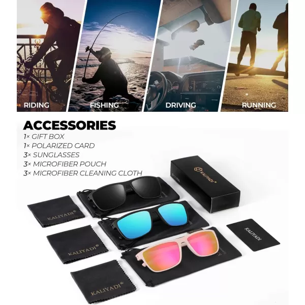 KALIYADI Polarized Sunglasses for Men Lightweight Sun Glasses with UV Protection for Driving Fishing Golf3 Pack BlackIce BluePink