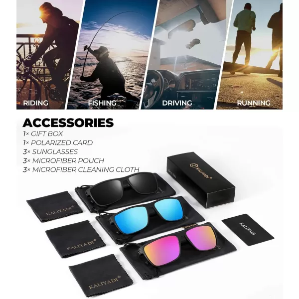 KALIYADI Polarized Sunglasses for Men Lightweight Sun Glasses with UV Protection for Driving Fishing Golf3 Pack BlackIce BluePink Lens