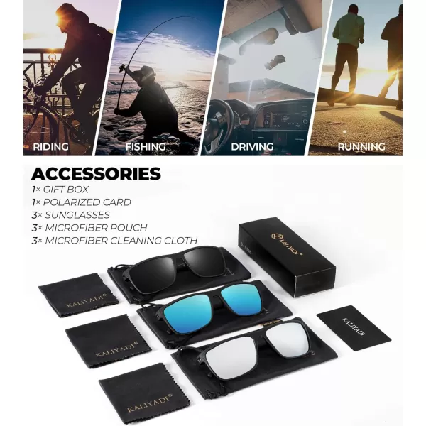KALIYADI Polarized Sunglasses for Men Lightweight Sun Glasses with UV Protection for Driving Fishing Golf3 Pack BlackIce BlueSilvery