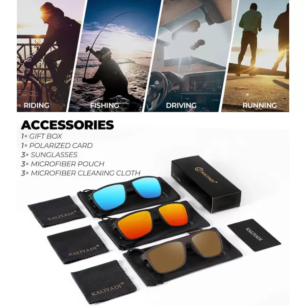 KALIYADI Polarized Sunglasses for Men Lightweight Sun Glasses with UV Protection for Driving Fishing Golf3 Pack Ice BlueRedBrown