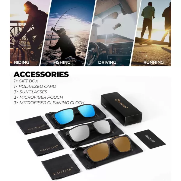 KALIYADI Polarized Sunglasses for Men Lightweight Sun Glasses with UV Protection for Driving Fishing Golf3 Pack Ice BlueSilverBrown