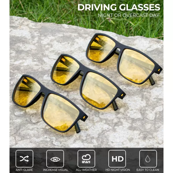 KALIYADI Polarized Sunglasses for Men Lightweight Sun Glasses with UV Protection for Driving Fishing Golf3 Pack Night VisionNight VisionNight Vision
