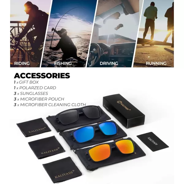 KALIYADI Polarized Sunglasses for Men Lightweight Sun Glasses with UV Protection for Driving Fishing Golf3 Pack Y Frame Bluelens BlackDark BlueRed