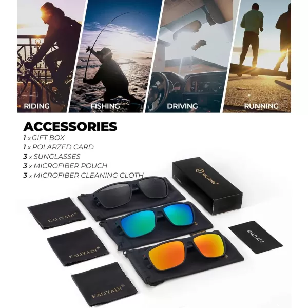 KALIYADI Polarized Sunglasses for Men Lightweight Sun Glasses with UV Protection for Driving Fishing Golf3 Pack Y Frame Bluelens BlackGreenRed