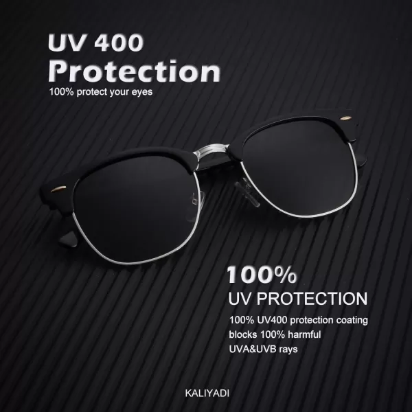 KALIYADI Polarized Sunglasses for Men and Women SemiRimless Frame Driving Sun glasses UV BlockingE3glass Lens  Non Polarized Glossy Black  Black  Silver Rim