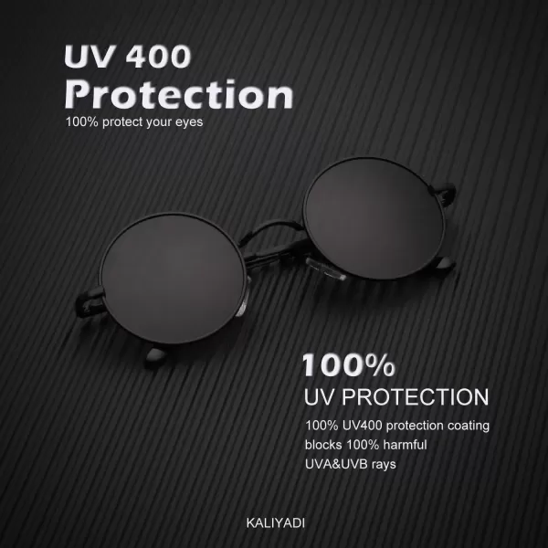 KALIYADI Round Polarized Sunglasses for Men Women Retro Metal Hippie Circle Style Sun Glasses UV ProtectionA01black Frame Black Lens