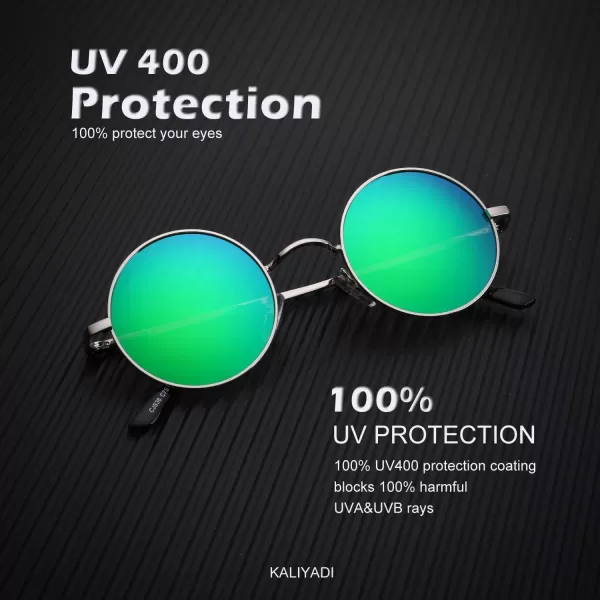 KALIYADI Round Polarized Sunglasses for Men Women Retro Metal Hippie Circle Style Sun Glasses UV ProtectionA07silvery Frame Green Lens