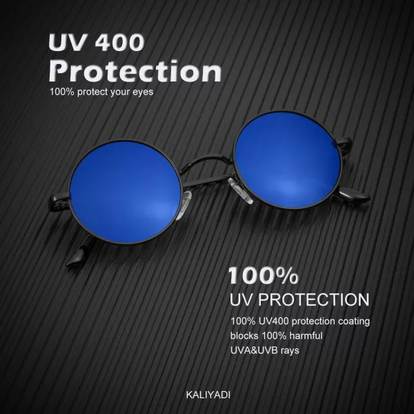 KALIYADI Round Polarized Sunglasses for Men Women Retro Metal Hippie Circle Style Sun Glasses UV ProtectionA15black Frame Clear Dark Blue Lens
