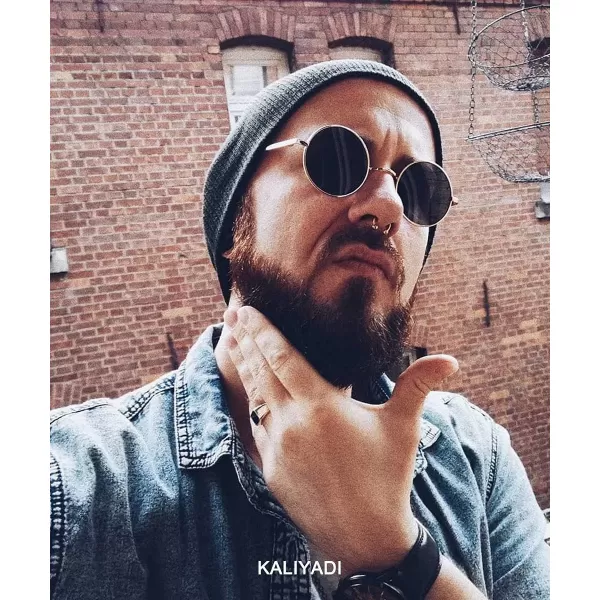 KALIYADI Round Polarized Sunglasses for Men Women Retro Metal Hippie Circle Style Sun Glasses UV ProtectionB12black Frame Black Lens  Golden Frame Black Lens