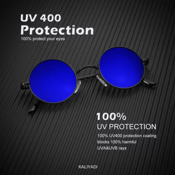 KALIYADI Round Polarized Sunglasses for Men Women Retro Metal Hippie Circle Style Sun Glasses UV ProtectionB36black  Black Frame Mirrored Dark Blue Lens