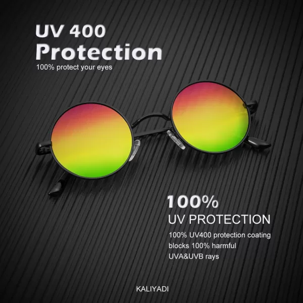 KALIYADI Round Polarized Sunglasses for Men Women Retro Metal Hippie Circle Style Sun Glasses UV ProtectionB37black  Black Frame Mirrored Rainbow Lens