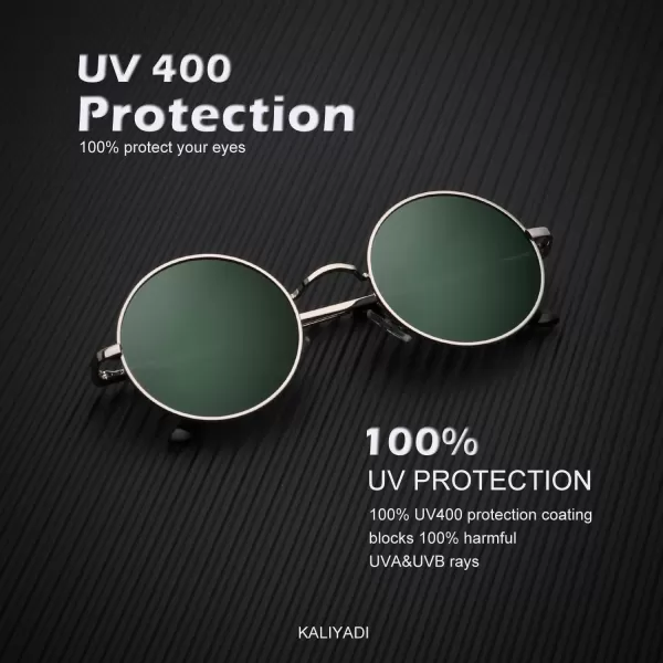 KALIYADI Round Polarized Sunglasses for Men Women Retro Metal Hippie Circle Style Sun Glasses UV ProtectionC34black  Silvery Silvery Frame G15 Lens