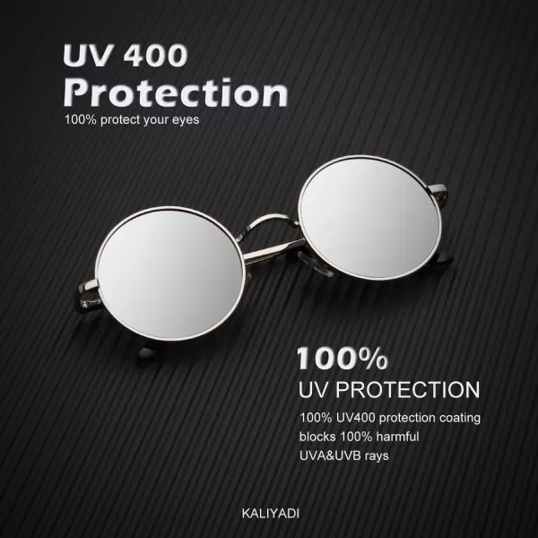 KALIYADI Round Polarized Sunglasses for Men Women Retro Metal Hippie Circle Style Sun Glasses UV ProtectionC35black  Silvery Frame Blue Lens Silvery