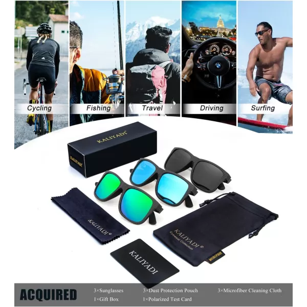 KALIYADI Sunglasses Men Polarized Sun glasses for Mens Womens Classic Matte Black Frame UV Protection 3pack3 Pack Black Stripes Frame  BlackIce BlueGreen